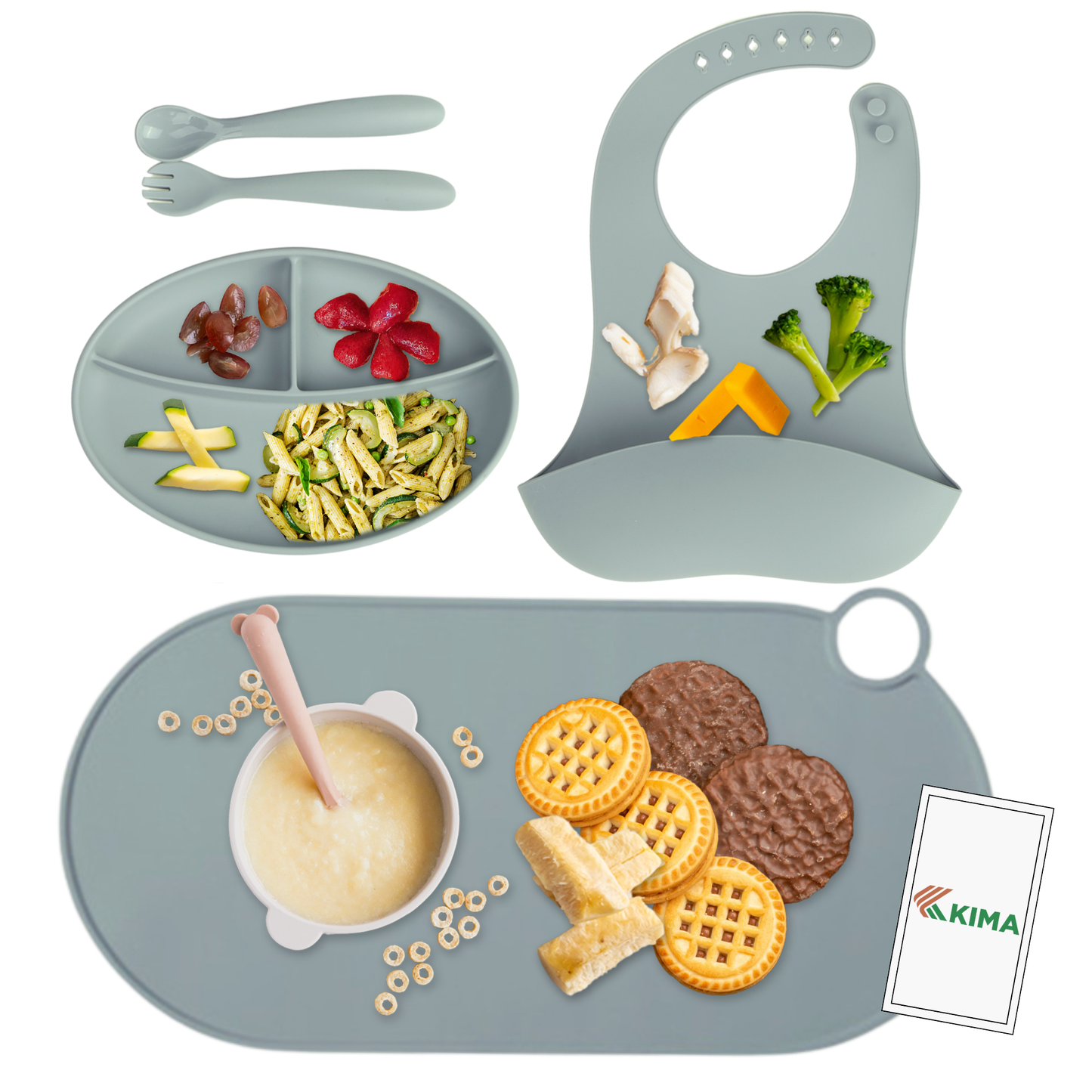 KIMA Baby Feeding Set Silicone with Placemat - BPA-Free Plate, Cutlery Set, and Silicone Mat, FDA Certified - Ideal for Baby Feeding, Toddler and Newborn Baby Gift Set (Blue)