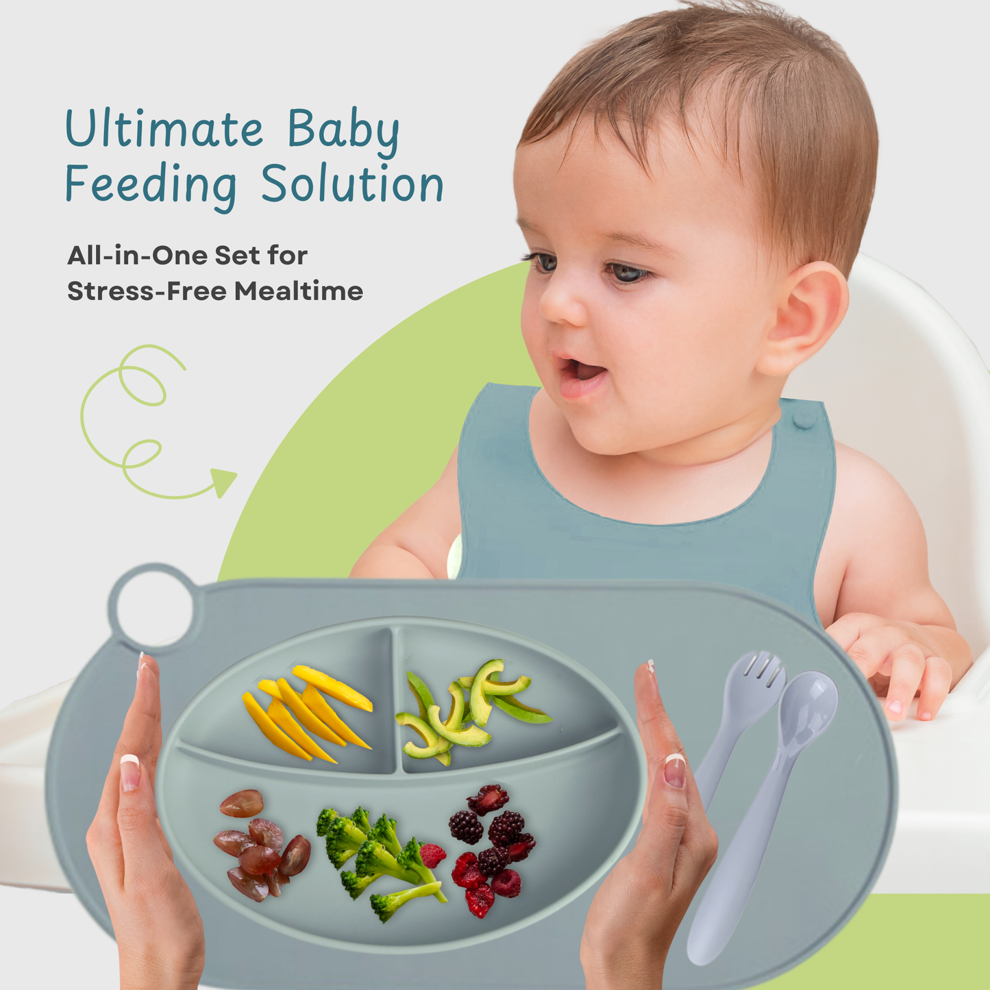 KIMA Baby Feeding Set Silicone with Placemat - BPA-Free Plate, Cutlery Set, and Silicone Mat, FDA Certified - Ideal for Baby Feeding, Toddler and Newborn Baby Gift Set (Blue)
