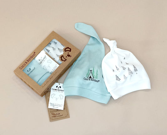 2 Pcs Unisex Bamboo cotton Hat Set for Newborn colored blue/Ecru