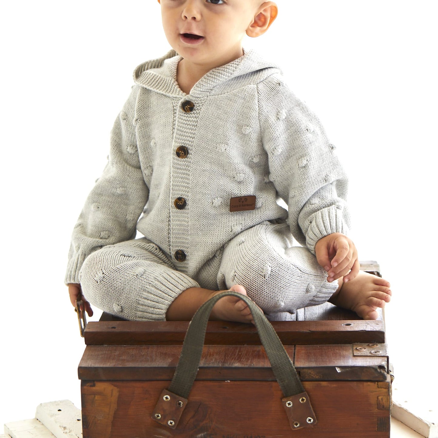 Hoodie Tricot baby jumpsuit - Aged 3m to 12m colored Grey
