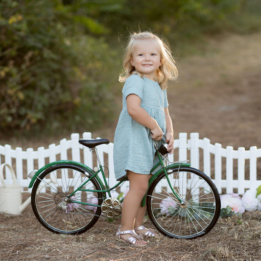 Organic Muslin Girl's Short Sleeve dress colored Aqua Aged 12m to 6 Years