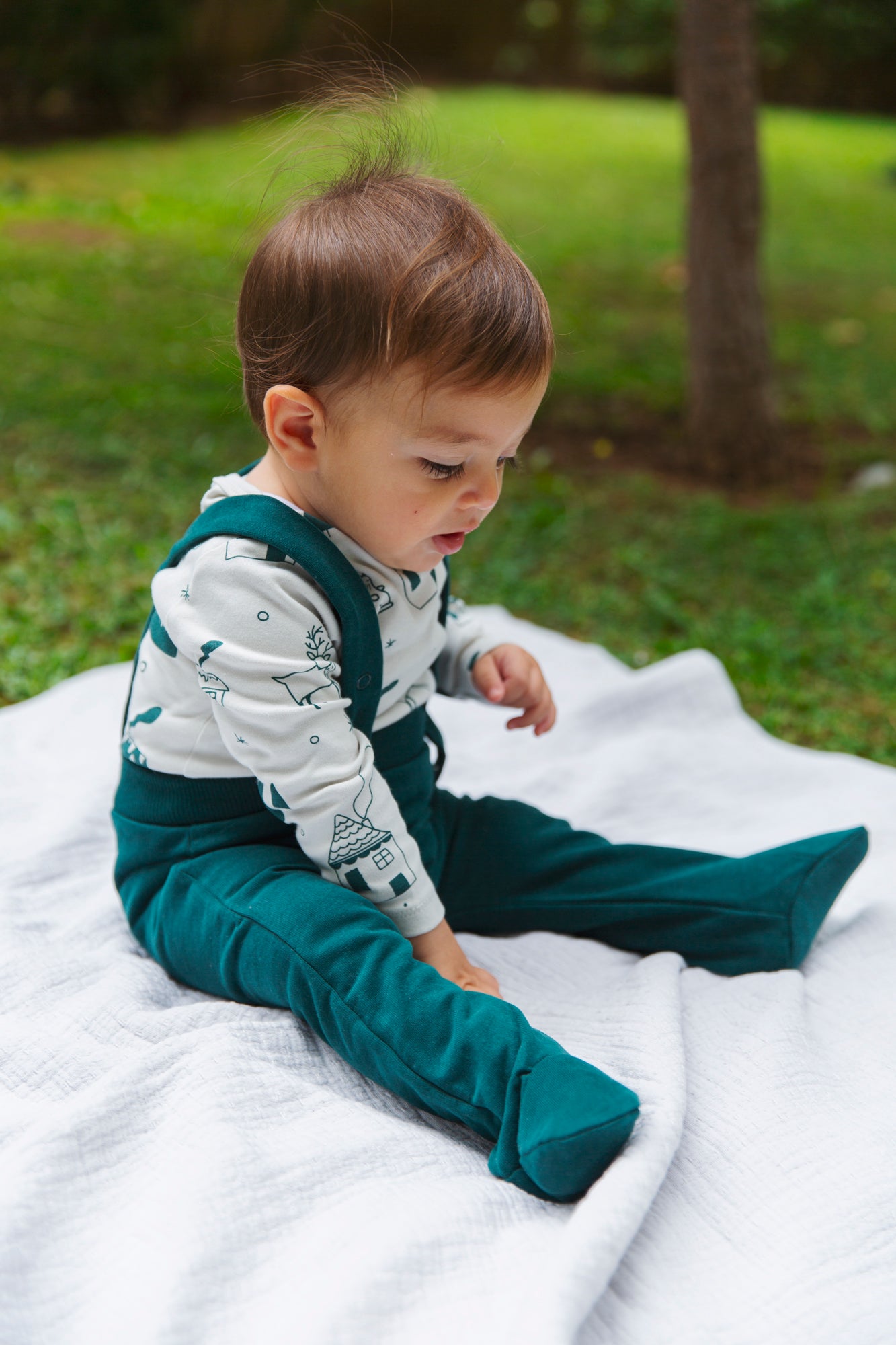 "Seed" Baby Dungarees -Aged 0m to 6m- Colored Pine Green