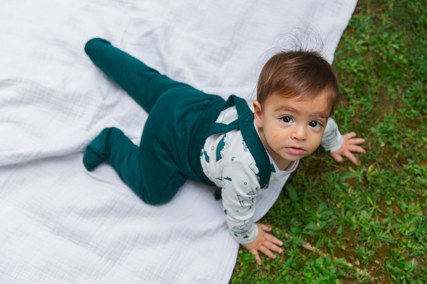 "Seed" Baby Dungarees -Aged 0m to 6m- Colored Pine Green