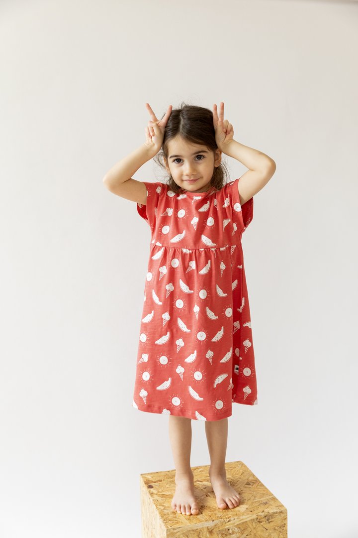 Organic cotton "Marshmallow" Dress - Aged 12m to 3 Yrs- Colored Cranberry