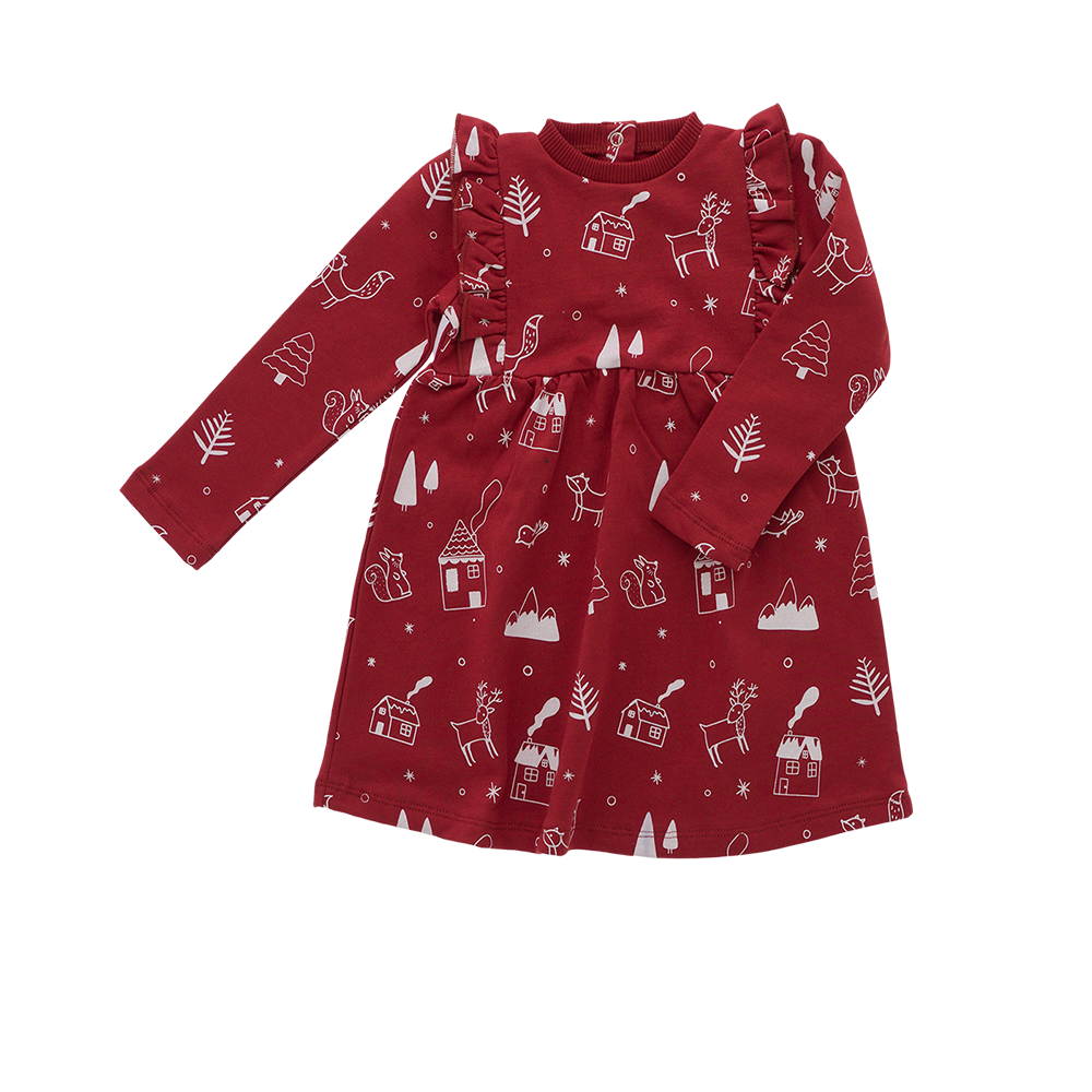 cotton Long-sleeve, mid length dress with frill