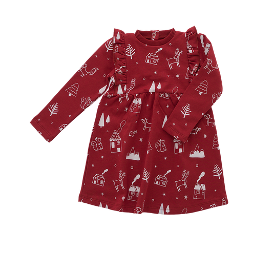 cotton Long-sleeve, mid length dress with frill