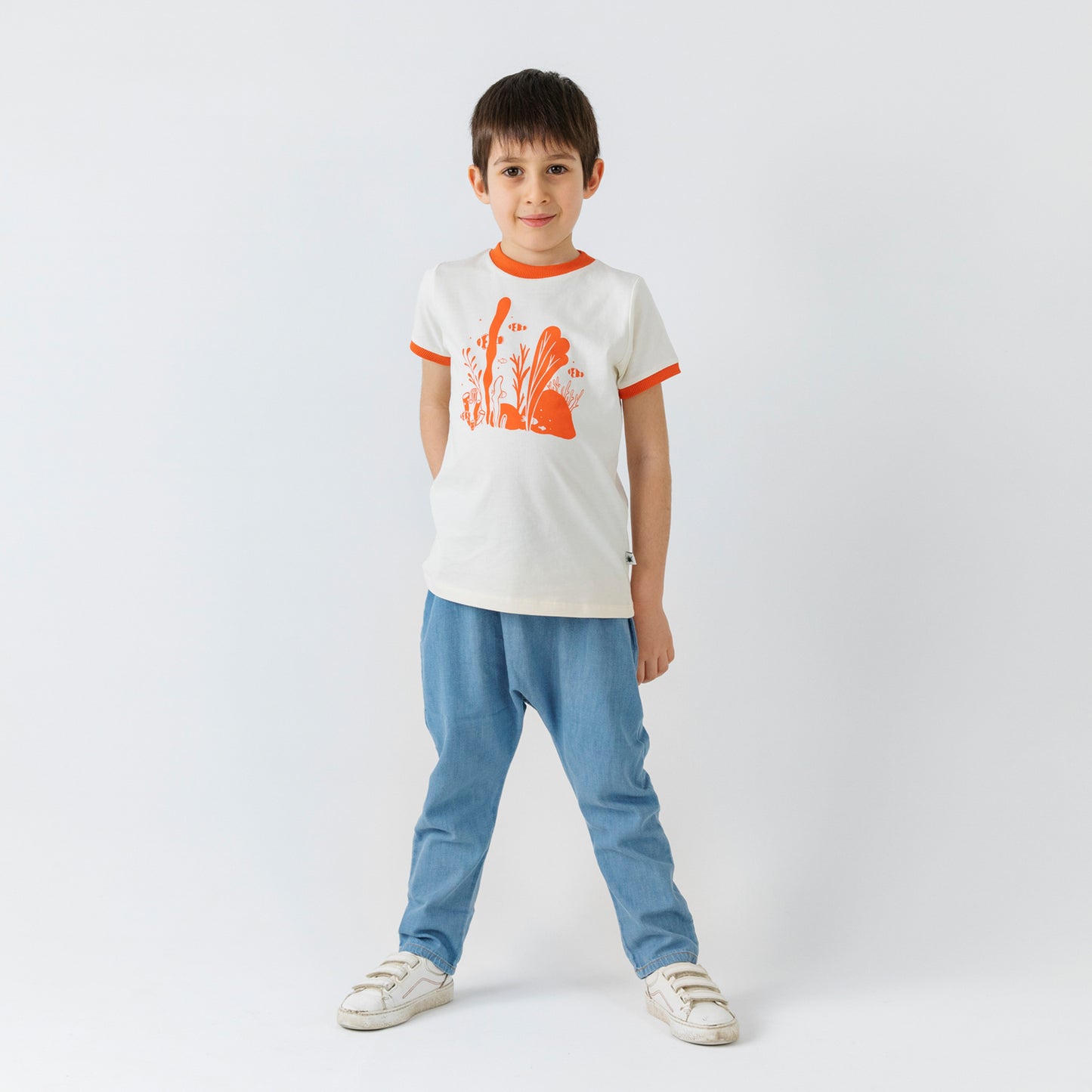 Sporty T-shirt - Aged 6m to 7 Yrs- Colored Offwhite-Orange
