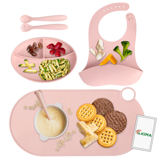 KIMA Baby Feeding Set Silicone with Placemat - BPA-Free Plate, Cutlery Set, and Silicone Mat, FDA Certified - Ideal for Baby Feeding, Toddler and Newborn Baby Gift Set (Pink)