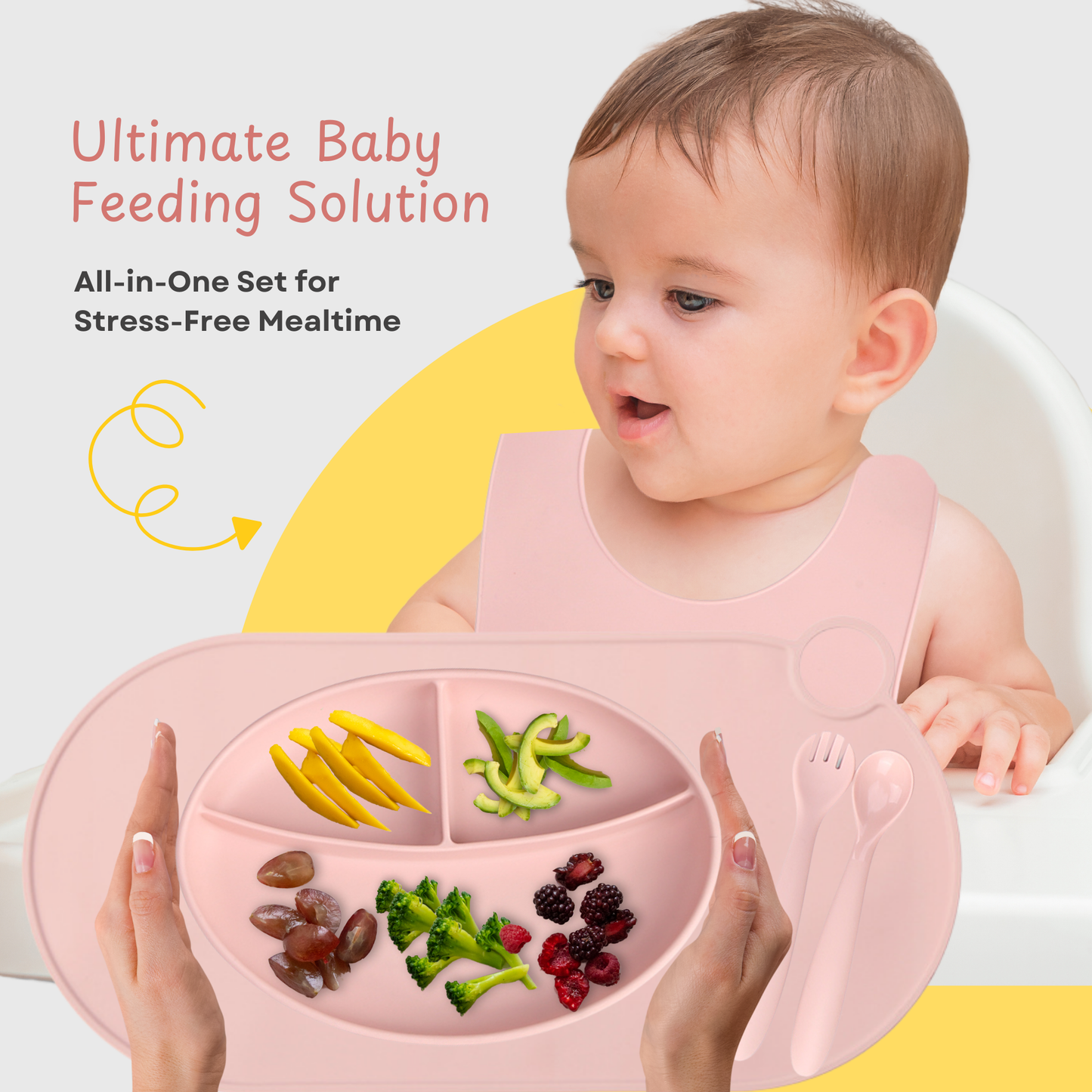 KIMA Baby Feeding Set Silicone with Placemat - BPA-Free Plate, Cutlery Set, and Silicone Mat, FDA Certified - Ideal for Baby Feeding, Toddler and Newborn Baby Gift Set (Pink)