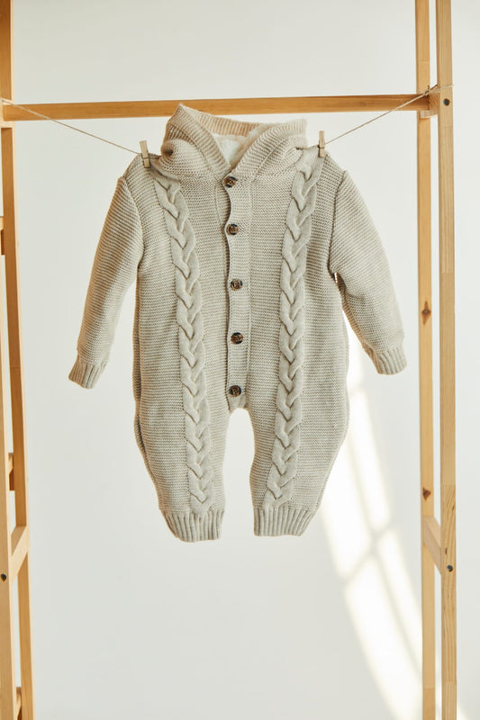 Hoodie Tricot baby jumpsuit - Aged 3m to 12m colored Grey
