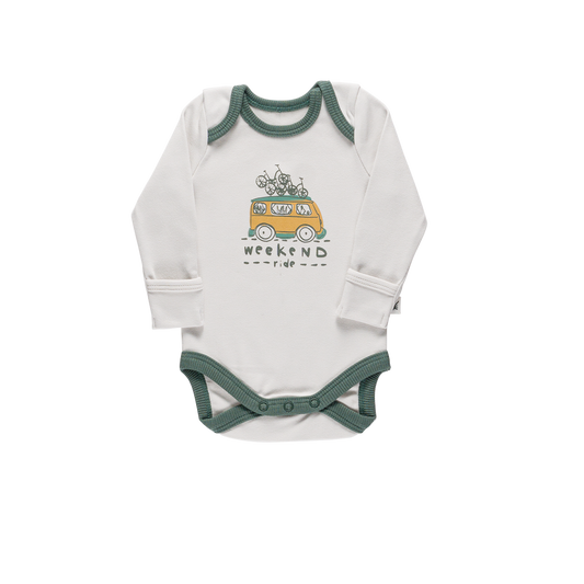 Organic Onesie Long Sleeve "Envelope" -Aged 0-6 Months- Colored Light Offwhite & Deep Green