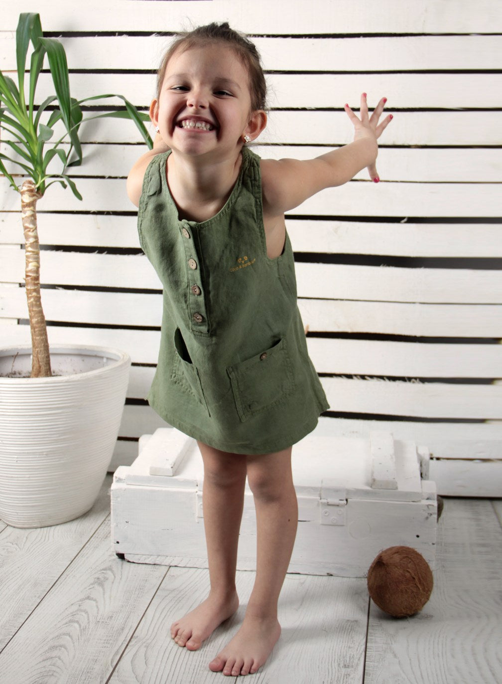 Kos Linen Dress for girls- Aged 3 Years to 6 Years- Colored Green