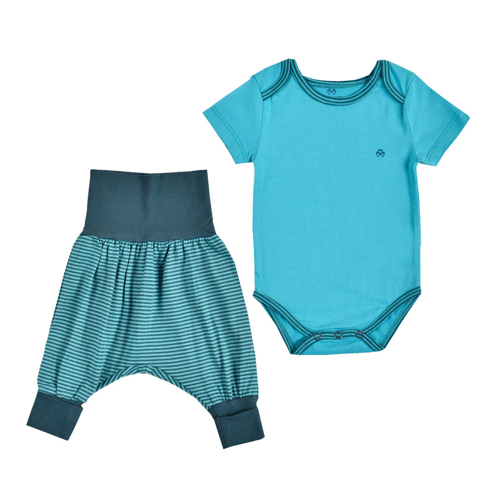 Organic bodysuit and Pants set for girls and boys Aged 3-12 Months colored green turquoise