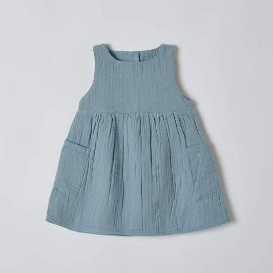 Organic Muslin Girl's Sleeveless dress colored Aqua- Aged 6m to 6 Years