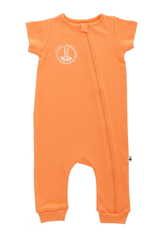 organic cotton short-sleeve, non-footed, double fleece jumpsuit with a two way zipper