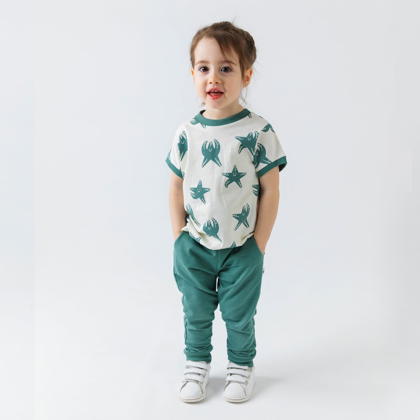 Sporty T-shirt -  Aged 6m to 7 Yrs- Colored Offwhite-Deep Green